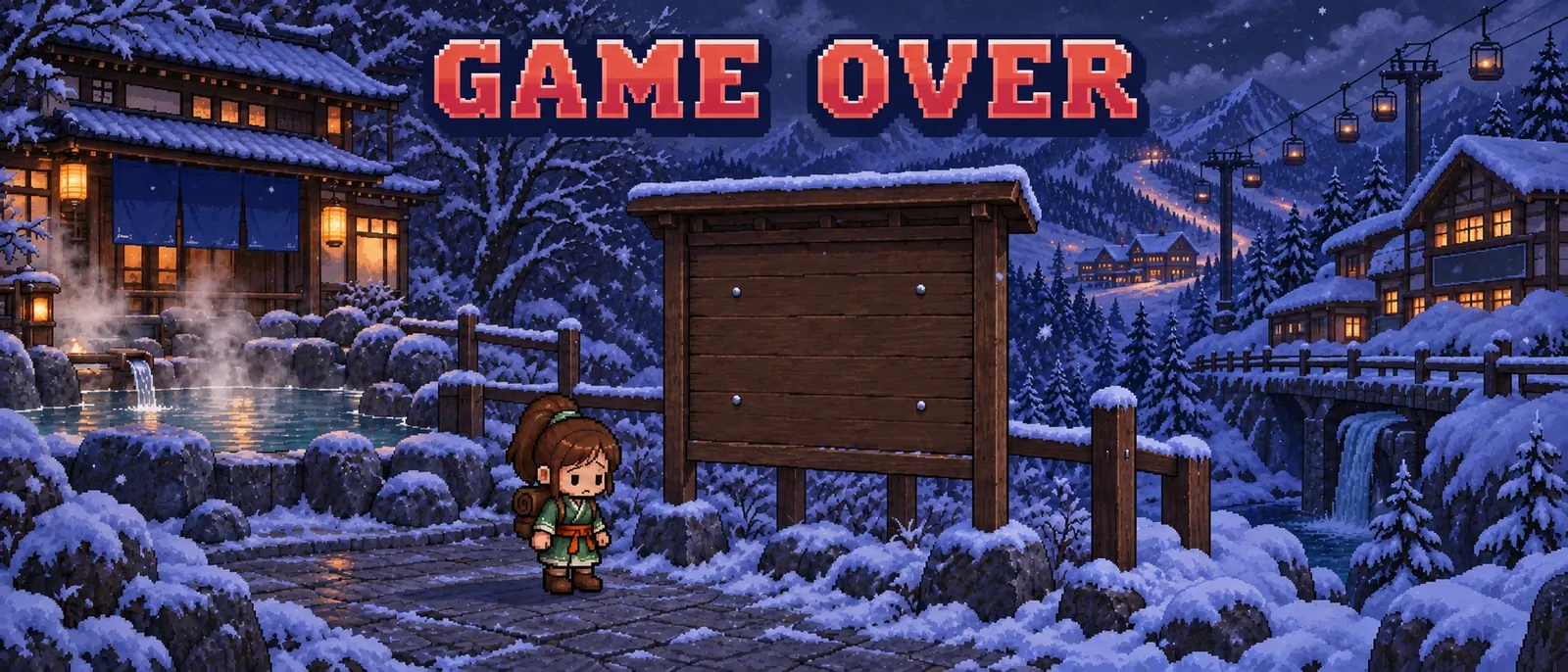 GAME OVER。募集が終わり、暗い雪景色の中で空の掲示板を見る旅菜