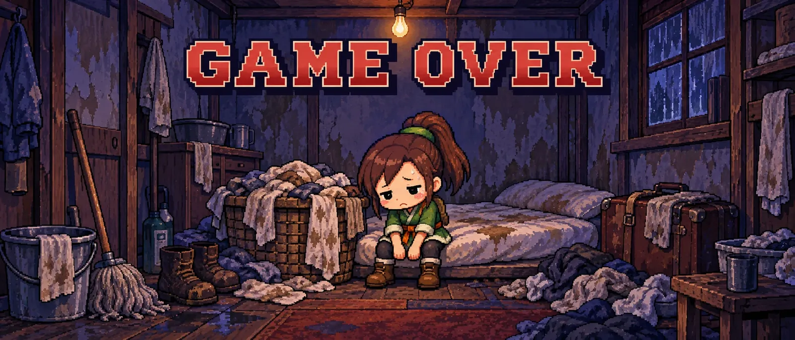 GAME OVER。汚れた寮の部屋で、重い洗濯物を抱えて疲れ切った旅菜