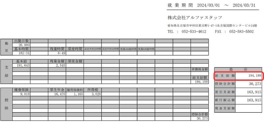 アルファリゾート 給料明細 19万円
