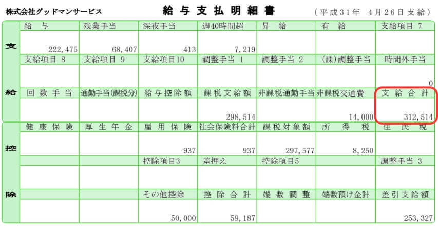 グッドマンサービス 31万 給料明細 前払い