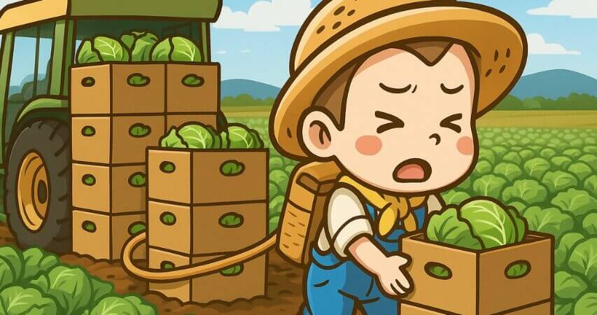 キャベツ　段ボール　トラクターに積む　大変