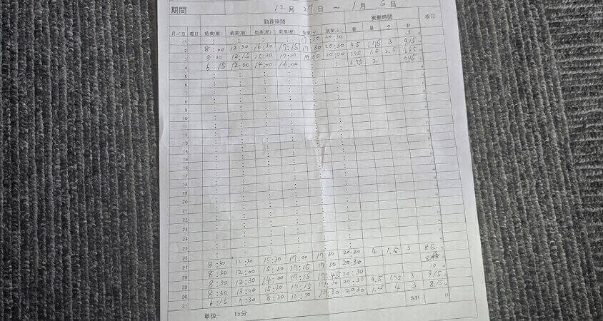 年末年始 リゾートバイト タイムカード