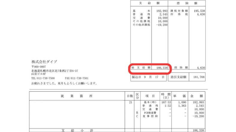 リゾートバイト ダイブ 2021年8月 給料明細 10万円台