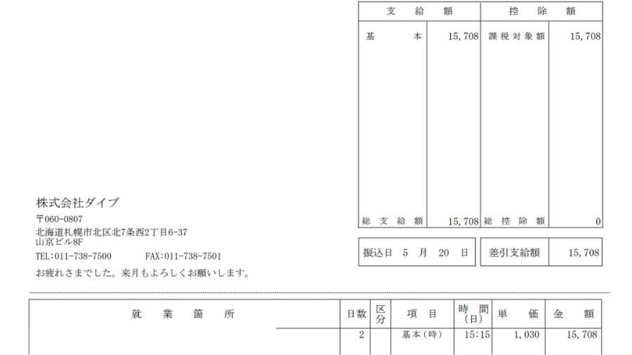リゾートバイト 1週間 短期 2021年5月 給料明細